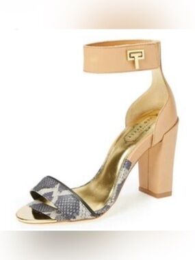 Ted Baker Aaleyah Nude 4” Block Heel Sandals with Snake-Print Toe Strap
